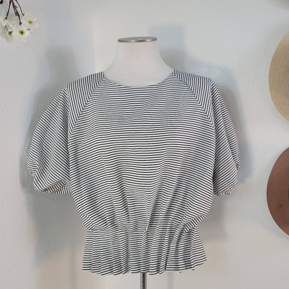 MUSK STRIPED CREWNECK SHORT SLEEVE PLATED WAIST TOP WOMEN'S SIZE MEDIUM - Picture 12 of 16